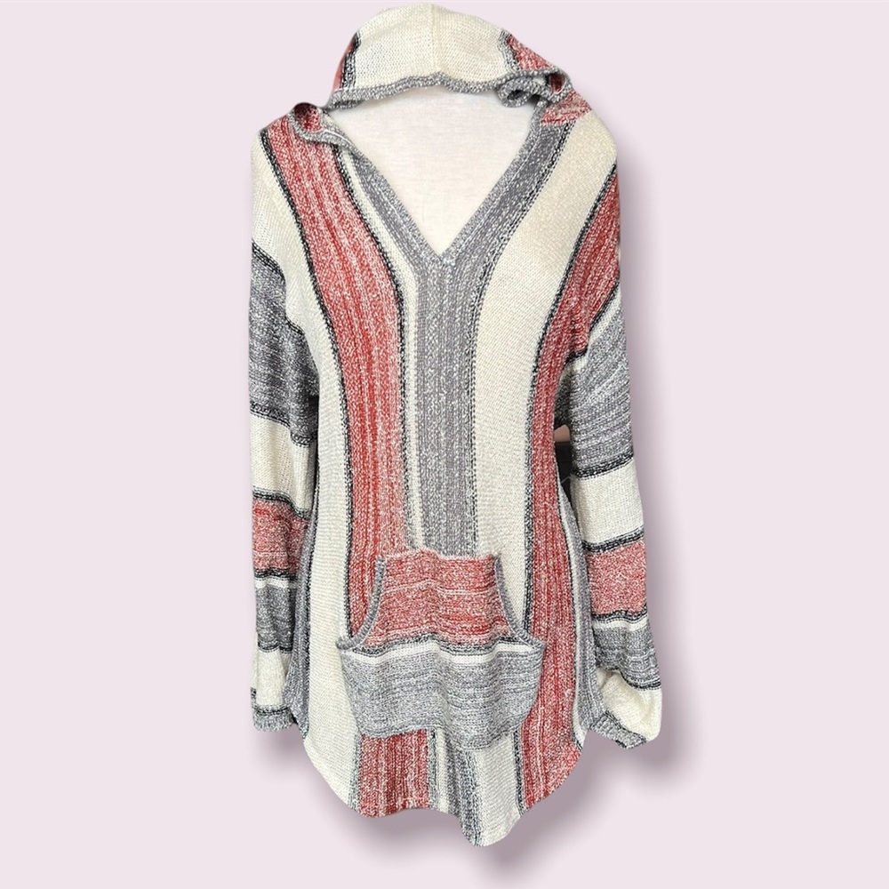 Elan Lightweight Knit Striped Hoodie Tunic Brick Red NWT